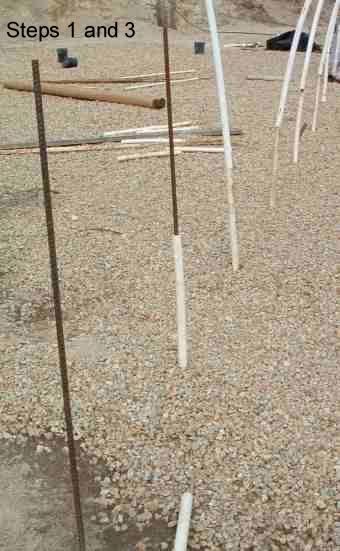 pound in your 6 foot long pieces of rebar every 4 feet, Slide the 20 inch pieces of PVC over the rebar stakes